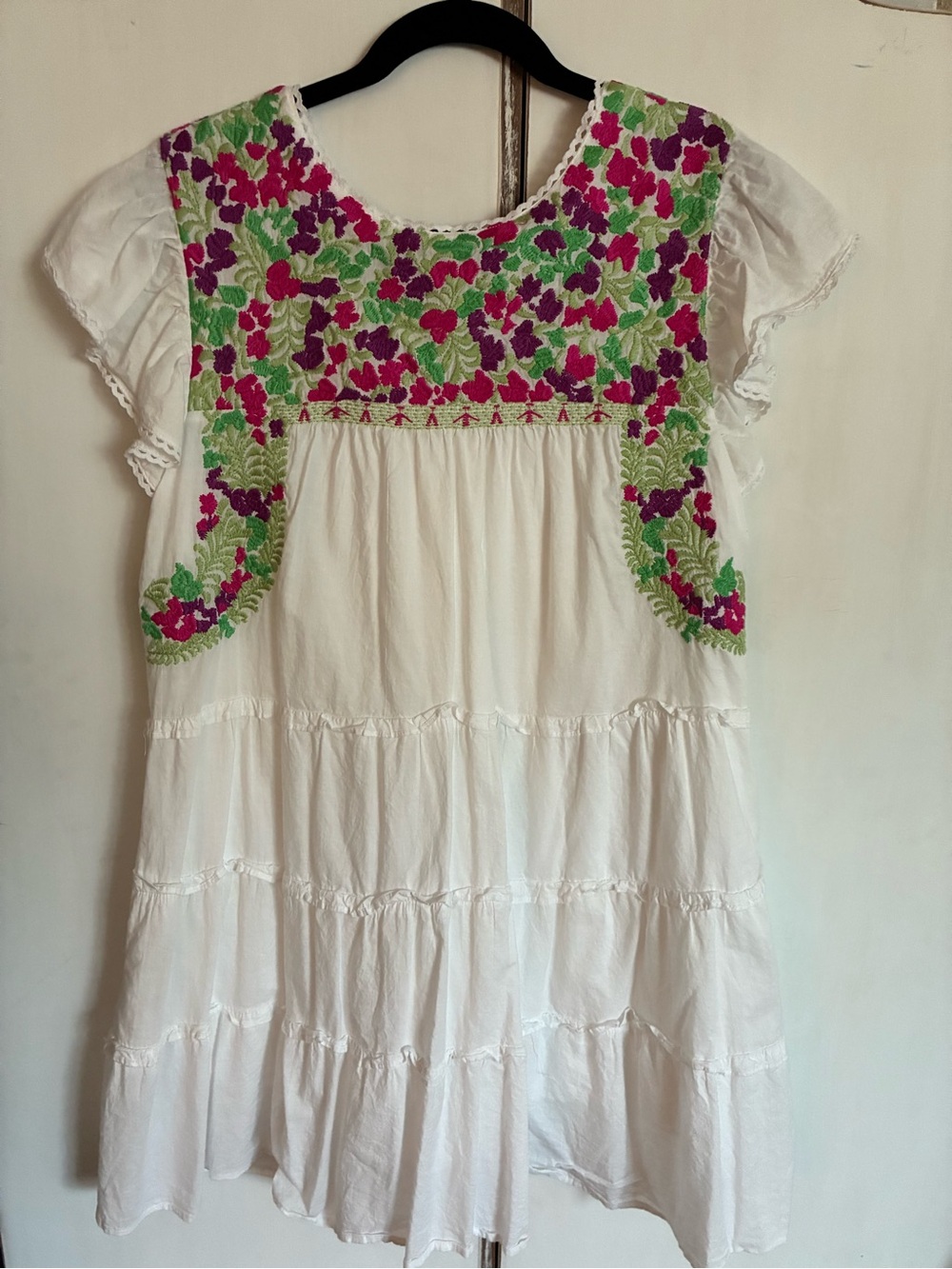 White Embroidered Flutter-Sleeve Dress with Pink & Green Em Floral Accents - Picture 3 of 3